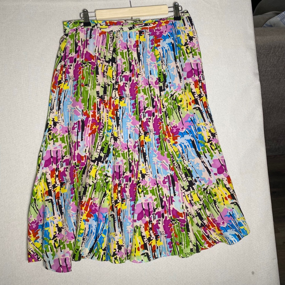 Jones New York 100% Silk Abstract Painterly Print Midi Skirt Multi Color Size 10